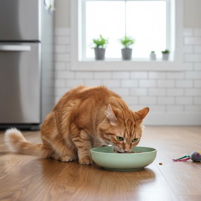 chat mangeant dans gamelles chat colorees couleur vert dans salon