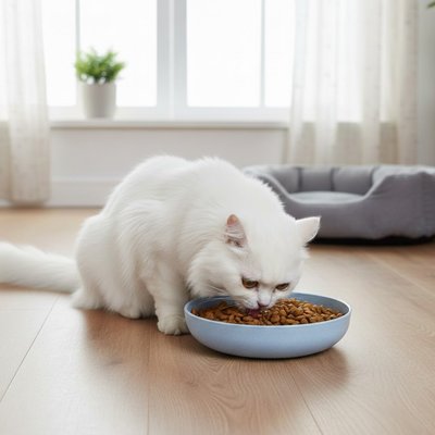 chat mangeant dans gamelles chat colorees couleur bleu dans salon