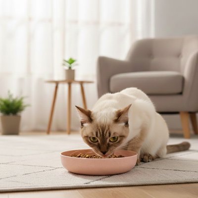 chat mangeant dans gamelles chat colorees couleur rose dans salon