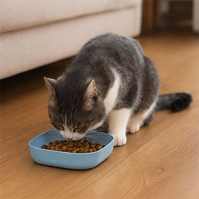 chat mangeant dans gamelles chat contours arrondis couleur bleu