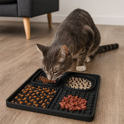 chat mangeant dans tapis de lechage compartimente noir