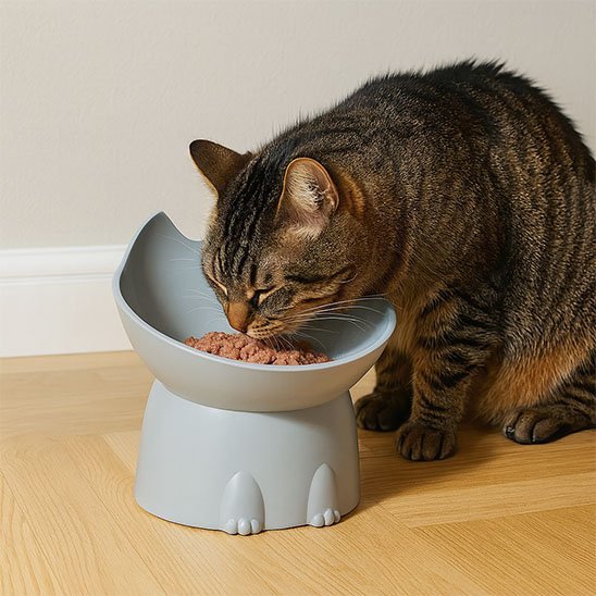 chat mangeant gamelle chat surelevee silhouette feline couleur gris