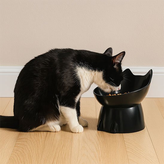 chat mangeant gamelle chat surelevee silhouette feline couleur noir