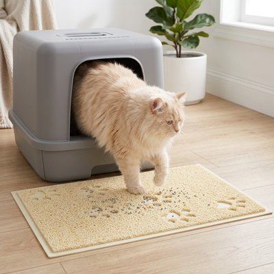 chat marchant tapis litière chat beige dans salon