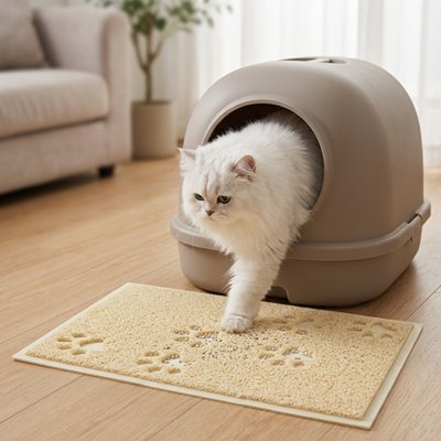 chat marchant tapis litière chat beige