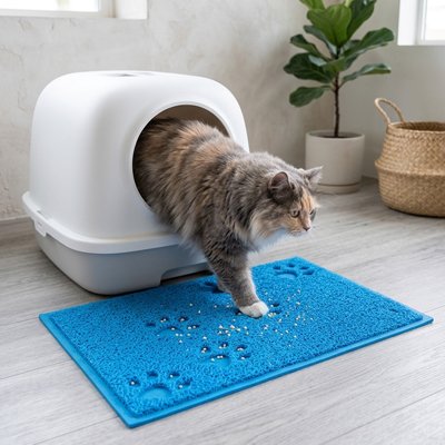 chat marchant tapis litière chat bleu