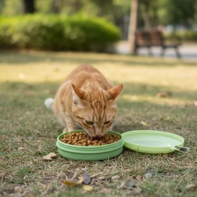 chat orange mangeant dans gamelle pour chat voyage couleur vert pastel sur pelouse