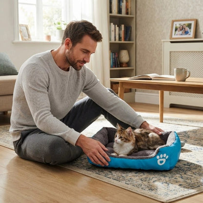 chat panier bleu maitre avec chat allonge