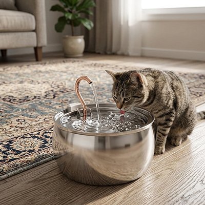 chat qui boit dans fontaine a eau chat au salon