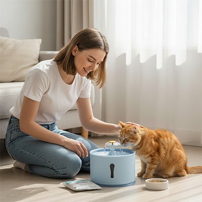 chat qui boit dans fontaine a eau chat bleu pastel