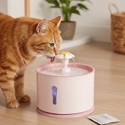 chat qui boit dans fontaine a eau chat rose poudre
