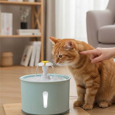 chat qui boit dans fontaine a eau chat vert pastel