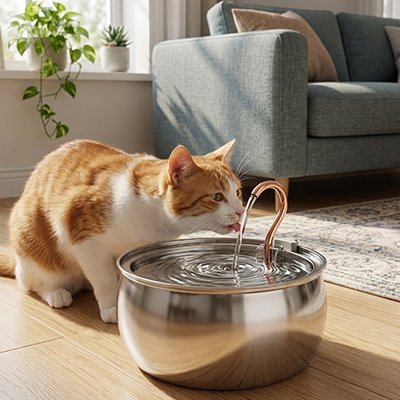 chat qui boit dans fontaine a eau chat