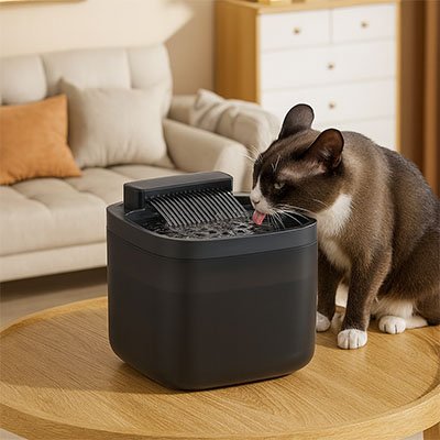 chat qui boit dans fontaine eau chat noir sur table