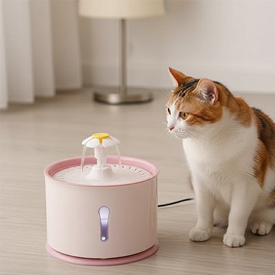 chat qui regarde fontaine a eau chat rose poudre