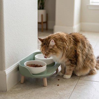 chat regardant dans gamelle chat double bols surélevés couleur vert blanc