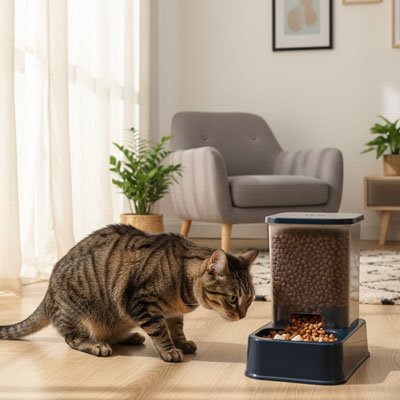 chat regardant distributeur de croquettes pour chat bleu dans salon