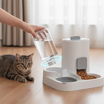 chat regardant distributeur de croquettes pour chat monobloc gris 