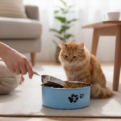 chat regardant gamelle chat coloree couleur bleu dans salon