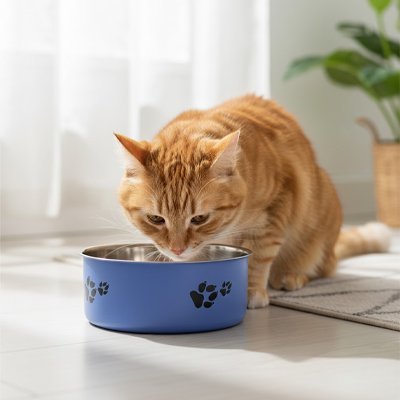 chat regardant gamelle chat coloree couleur bleu profond dans salon