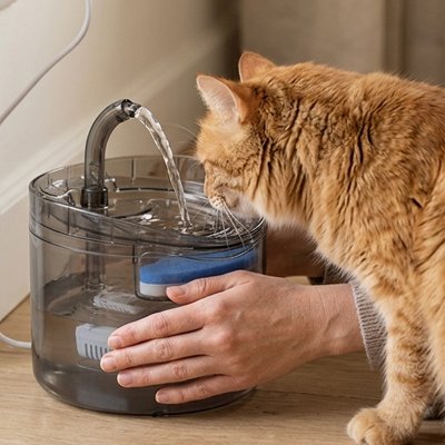 chat regarde fontaine a eau pour chat circulaire
