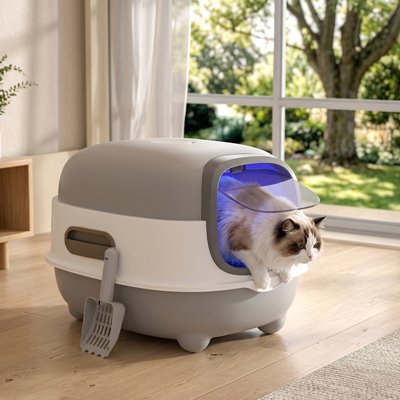 chat sortant bac à litière chat compact gris