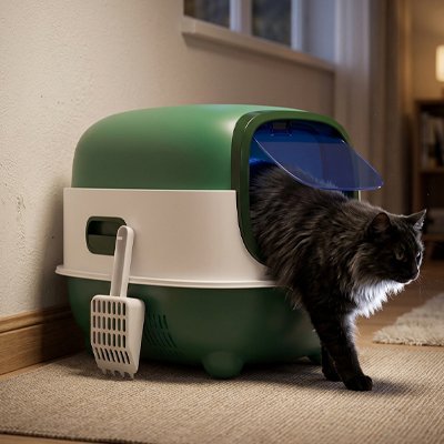 chat sortant bac à litière chat compact vert