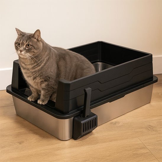 chat sortant bac à litière chat xxxl noir dans salon