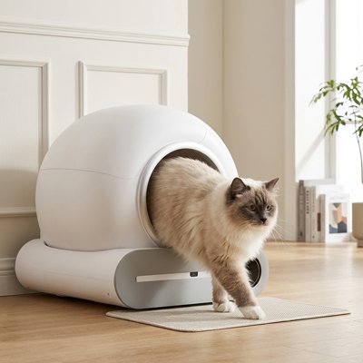 chat sortant bac litière chat intelligent blanc dans salon