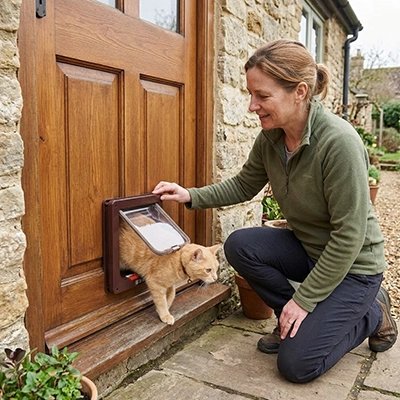chatière marron chat sortant porte maitresse exterieur
