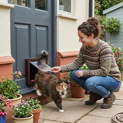 chatière marron chat sortant porte maitresse jardin