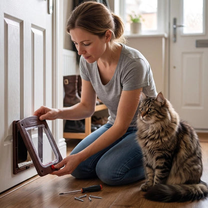 chatière marron resistante aux intemperies maitresse chat debout
