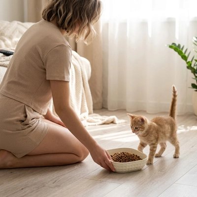 chaton avec gamelles chaton coloree couleur beige avec maitresse dans chambre