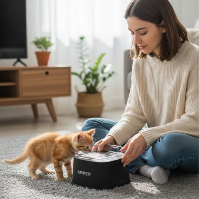 chaton buvant dans gamelle chat anti deversement couleur noir dans salon avec maitresse