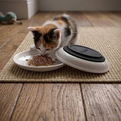 chaton mangeant dans gamelles chaton decoration poisson avec silicone noir 