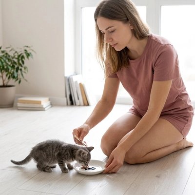 chaton mangeant dans gamelles chaton decoration poisson avec maitresse dan salon