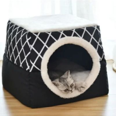 chaton panier transformable en niche noir avec chaton dedans