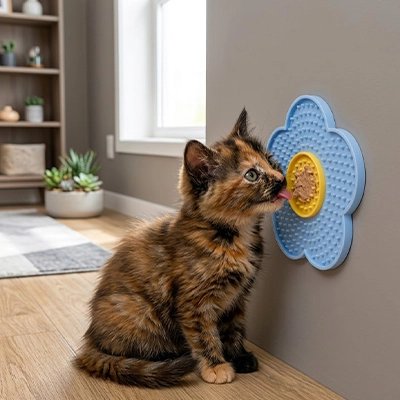 chaton salon lechant tapis de lechage petales bleu