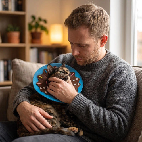collerette chat bordure bleue maitre chat assis