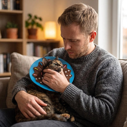 collerette chat bordure bleue maitre chat assis