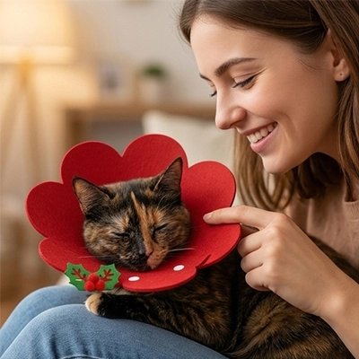 collerette chat design floral rouge maitresse souriante