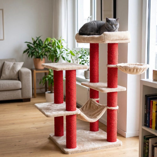 corde arbre a chat rouge chat allonge salon