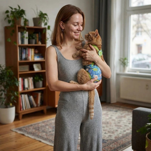 couche chat bleu bretelles maitresse avec chat