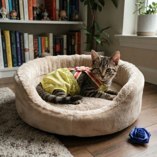 couche chat jaune bretelles chat allonge