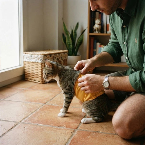 couche chat reutilisable jaune maitre chat assis
