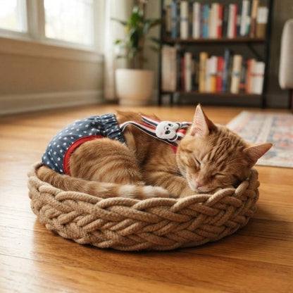 couche pour chat bleu rouge chat dormant