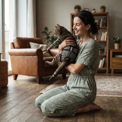 couche pour chat gris maitresse avec chat