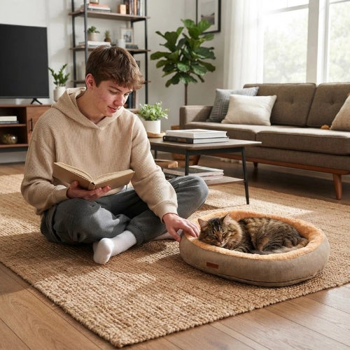 coussin à chat gris chat dormant avec maitre salon