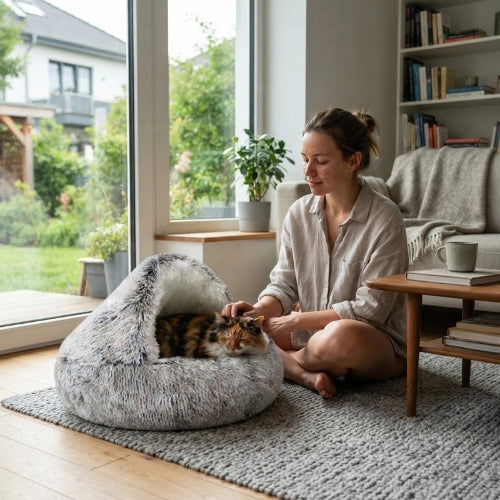 coussin à chat gris maitresse salon chat apaise