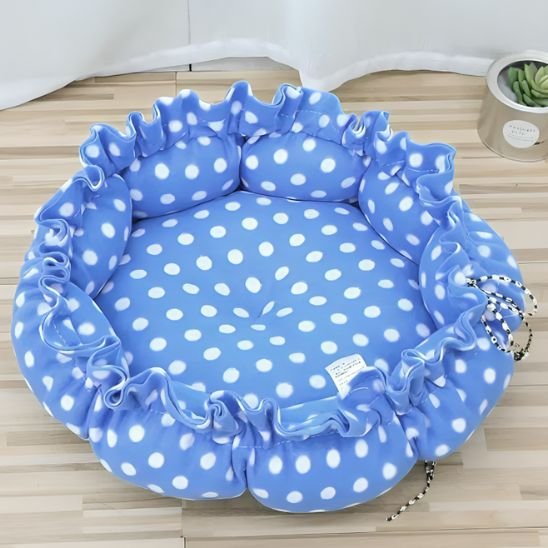 coussin chat cordon de serrage bleu